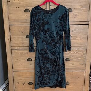 EUC Tahari Teal and Black Floral faux wrap  Dress sz 12